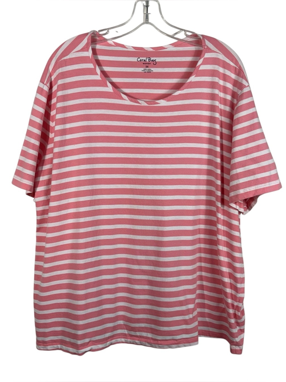 Coral Bay Woman Peach Pink White Striped Round Neck Short Sleeve Cotton Tee 3X